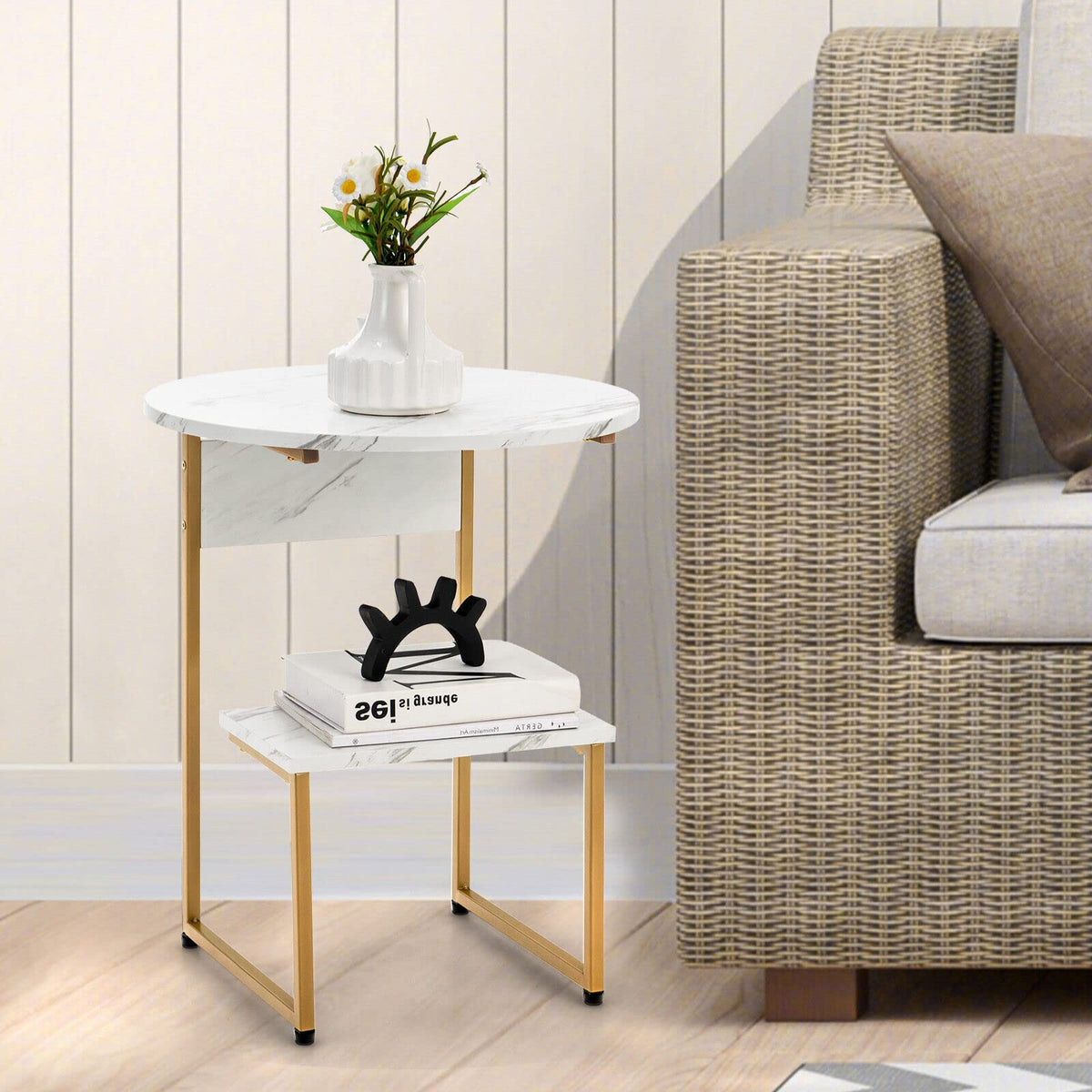 Giantex G-Shaped Side Table with Storage, 2-Tier End Table for Small Space White