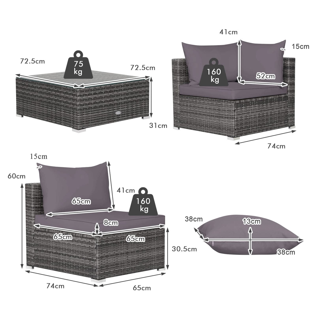 7 Piece Patio Rattan Conversation Set with Seat & Back Cushions for Backyard/Poolside/Balcony