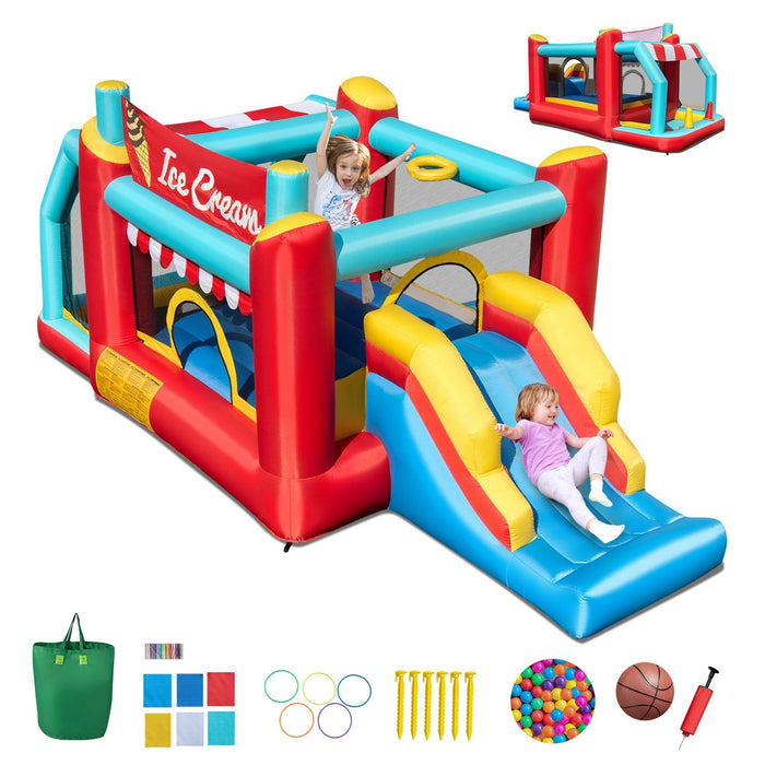 5-in-1 Ice Cream Jumping Castle with Slide & Basketball Hoop & Ring Toss & Ball Pit