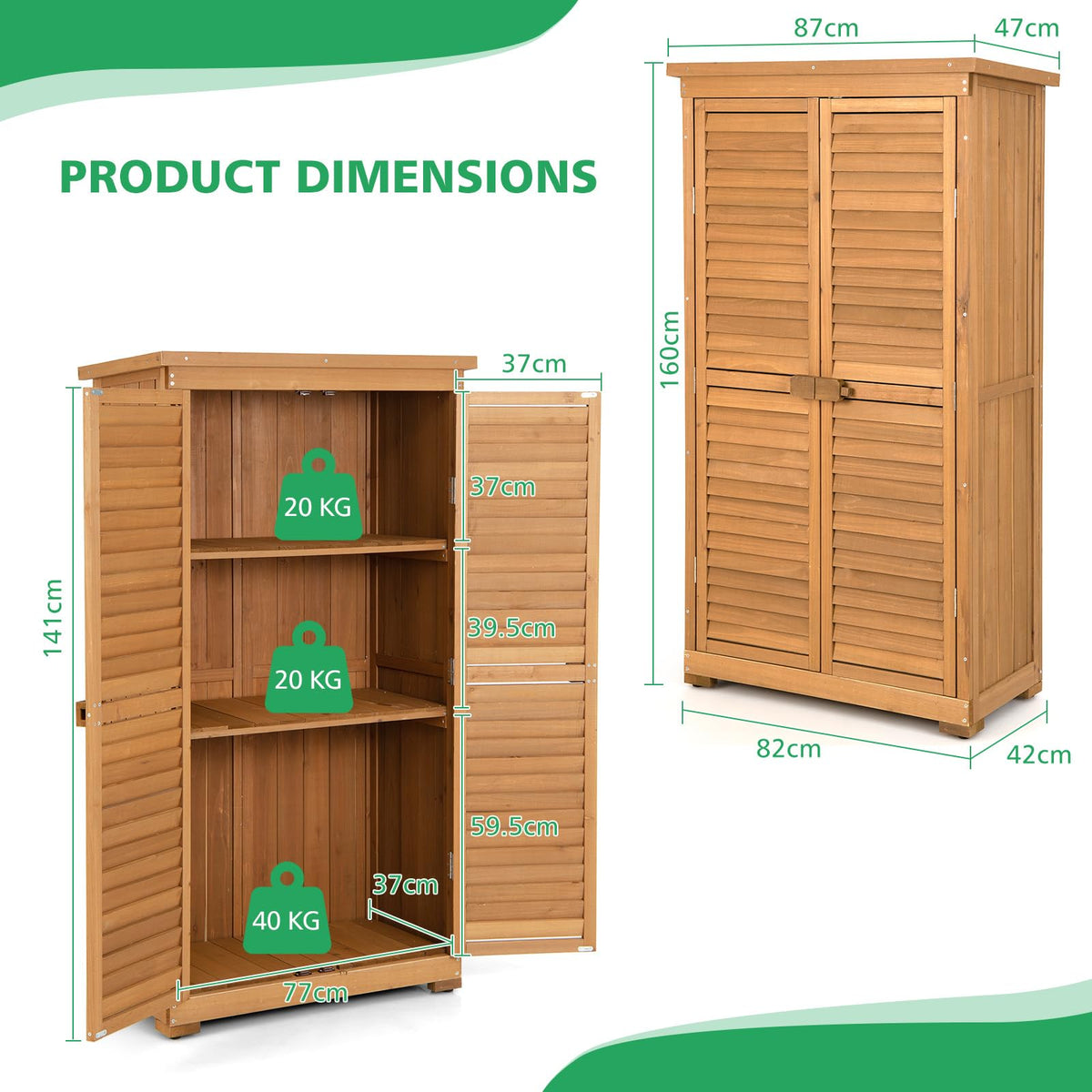 1.6M Outdoor Wooden Storage Shed Solid Wood Garden Tool Cabinet