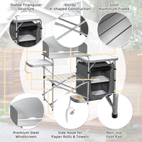 Outdoor Camping Table with Storage, Aluminium Folding Camp Kitchen with Windscreen