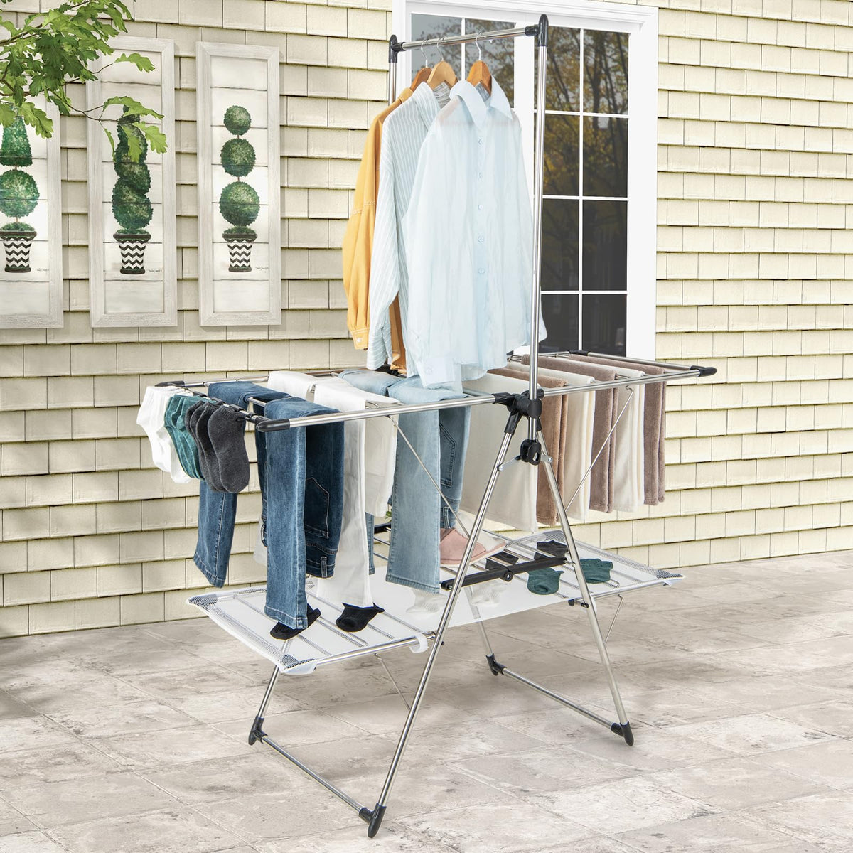 Giantex Foldable Clothes Drying Rack, 2-Tier Laundry Drying Rack with Hanging Bar