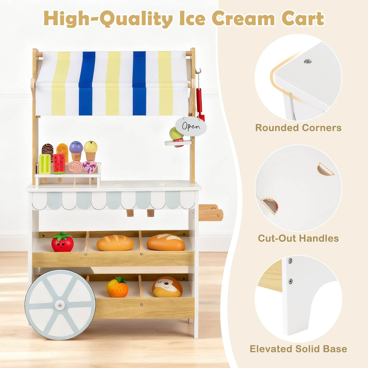 Wooden Ice Cream Cart for Kids, 2-in-1 Grocery Store Playset