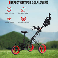 3-Wheel Folding Golf Push Cart, Multifunctional Push Pull Golf Trolley with Adjustable Handle