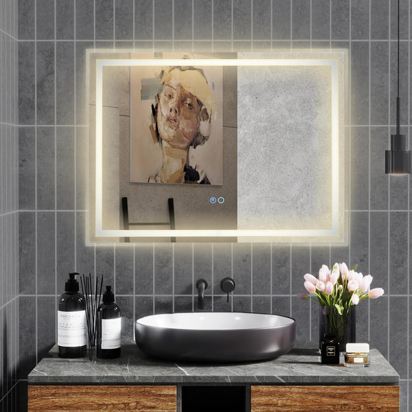 80 x 60 CM Rectangular LED Bathroom Mirror Wall-Mounted Mirror with 3-Color Dimmable Lights