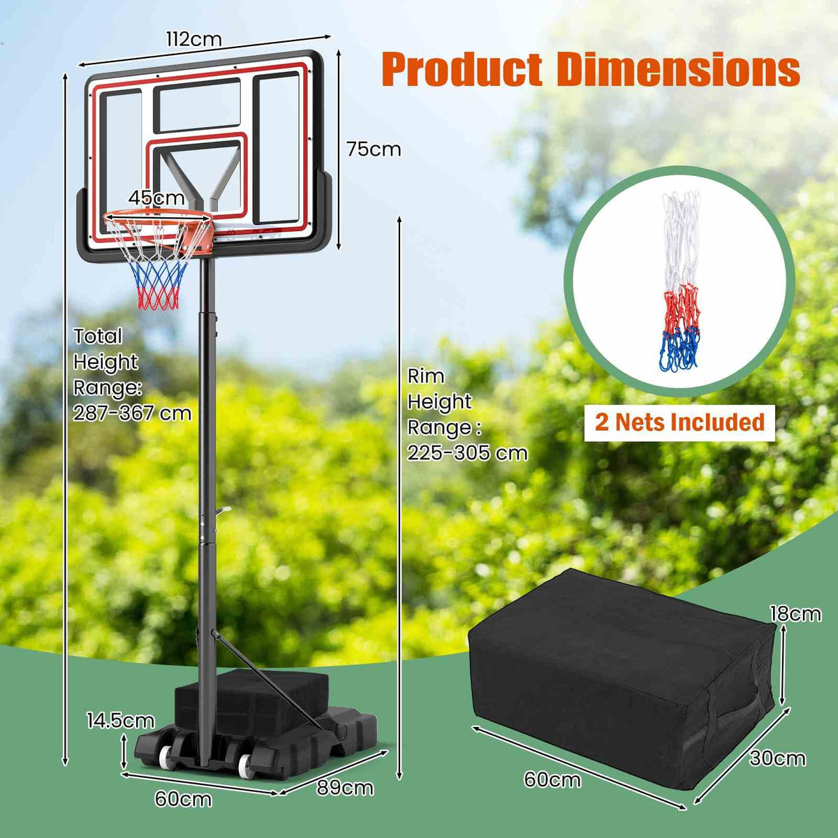 Portable Basketball Hoop, 225-305 cm Adjustable Basketball Goal System, Outdoor Basketball Hoop & Goal with 112 cm Shatterproof Backboard