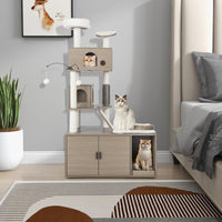 2 in 1 Cat Tree Litter Box Enclosure, Modern Cat Tower with Double Condos, Top Perch