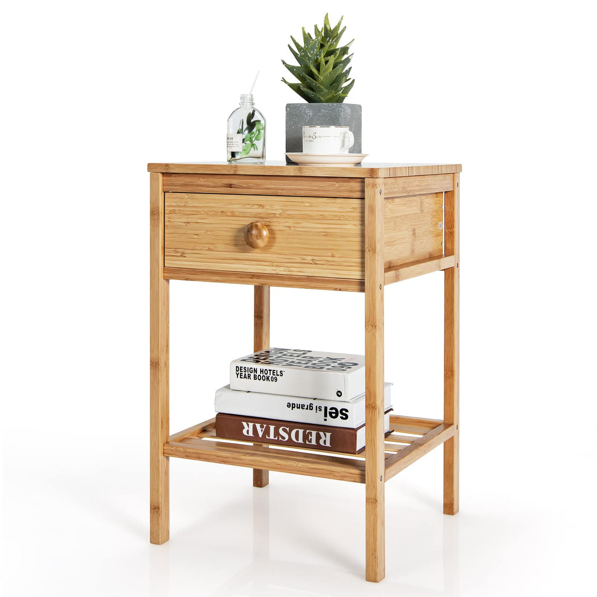 Giantex Bamboo Nightstand, Bedside Table w/Drawer & Open Shelf