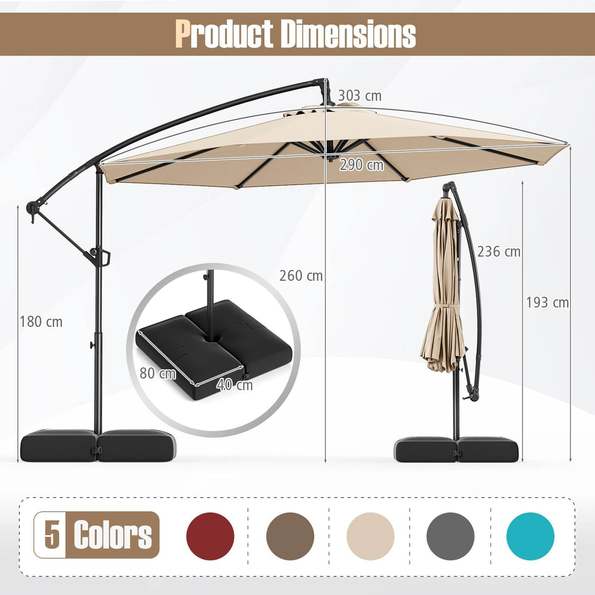 3M Offset Hanging Umbrella with Base Patio Cantilever Umbrella