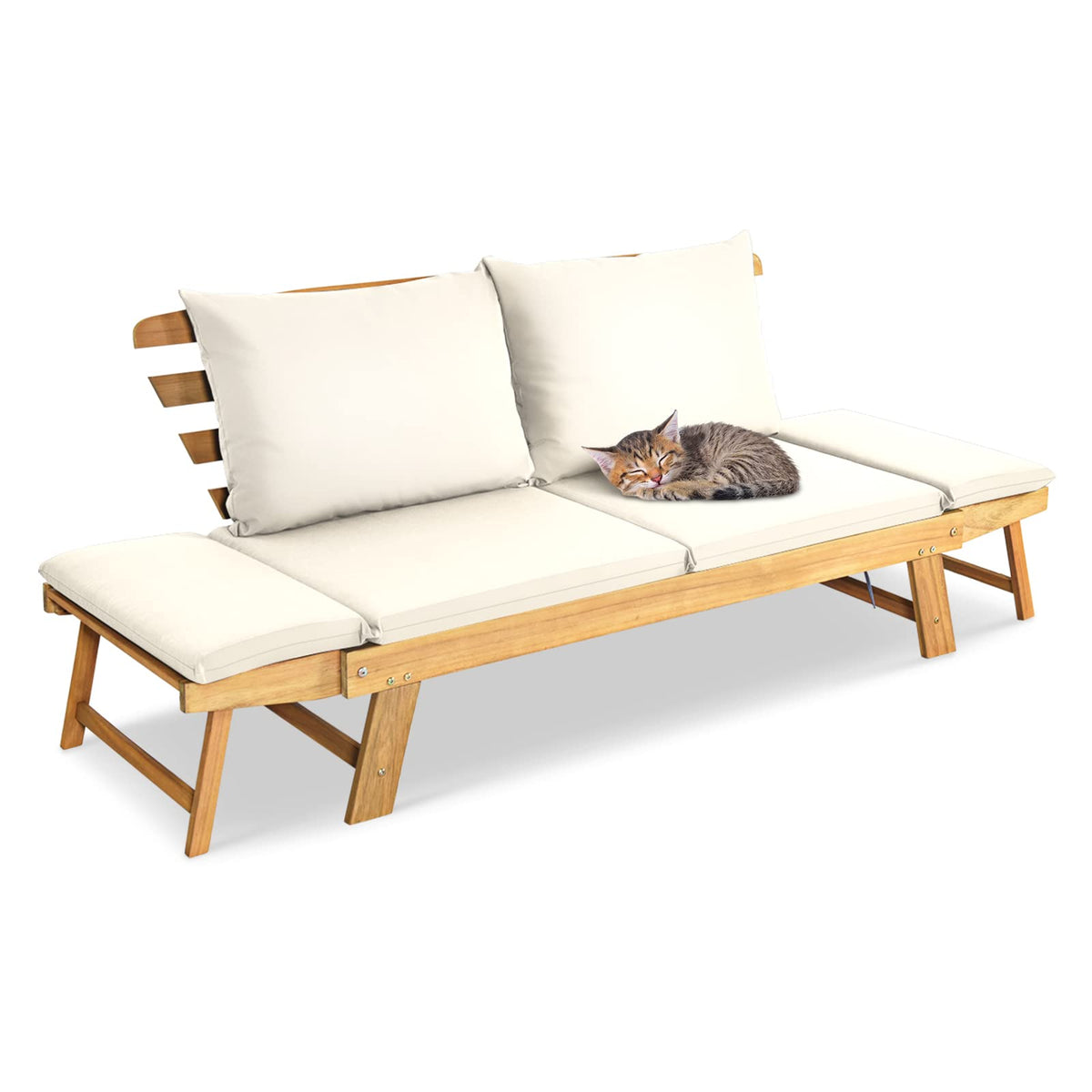 Outdoor Convertible Acacia Wood Daybed, Couch Sofa Bed w/Adjustable Armrest