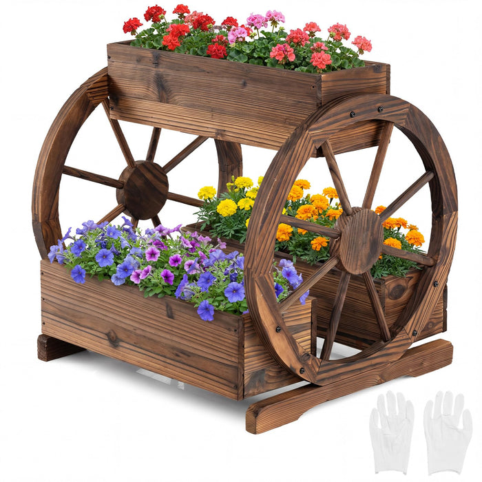 Wood Wagon Planter 2-Tier with 3 Growing Boxes and Wheels
