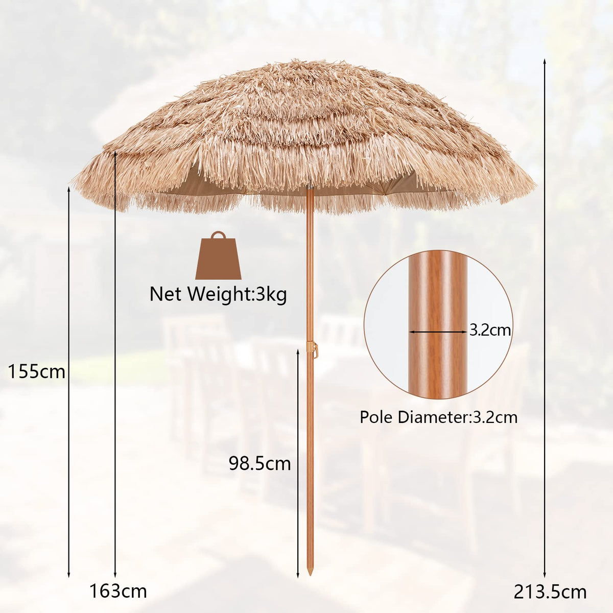 7.2 FT Thatched Tiki Umbrella, Hawaiian Style Hula Beach Umbrella w/Tilt, Tropical Umbrella w/Steel Pole