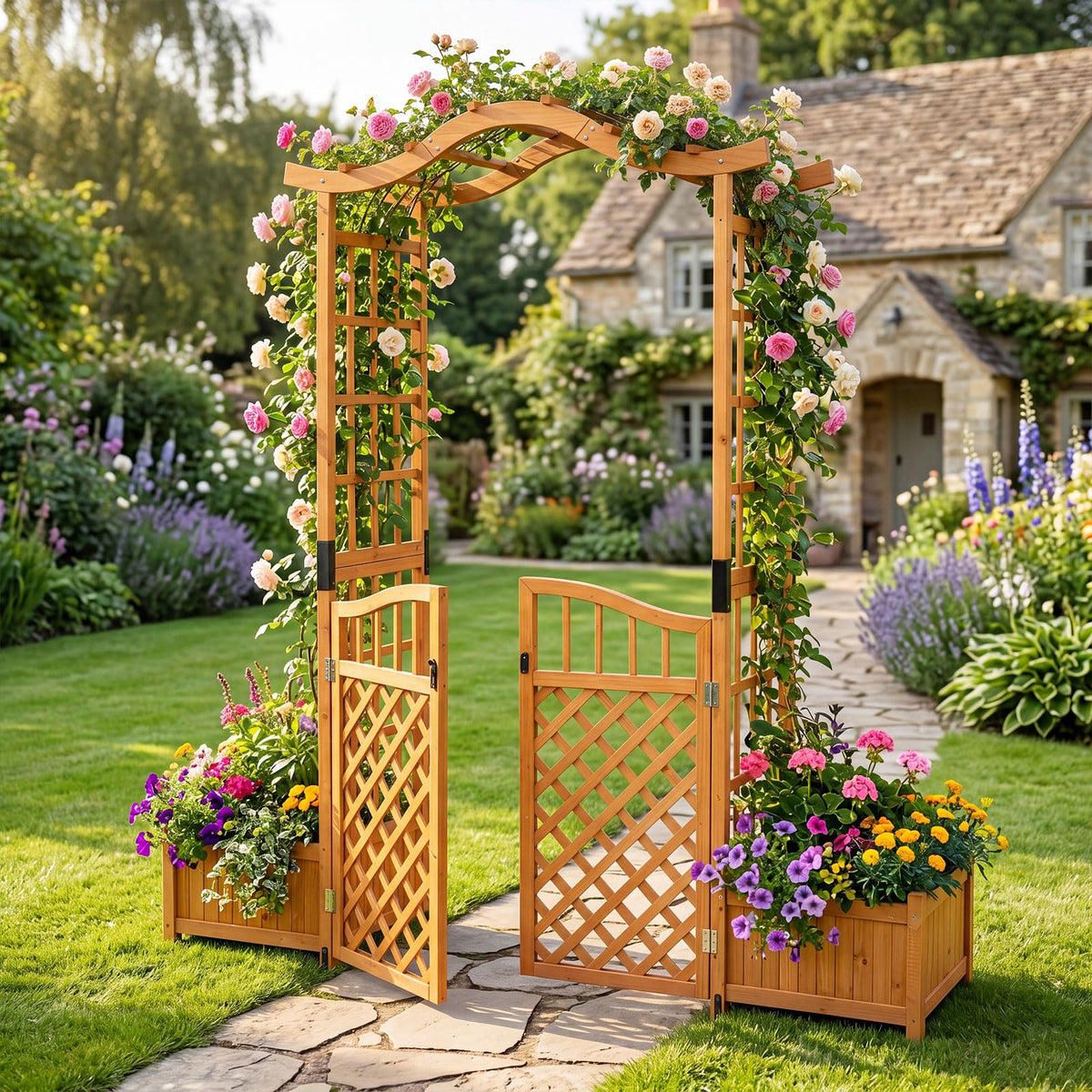 Garden Arbor with Gate and 2 Planter Boxes for Backyard