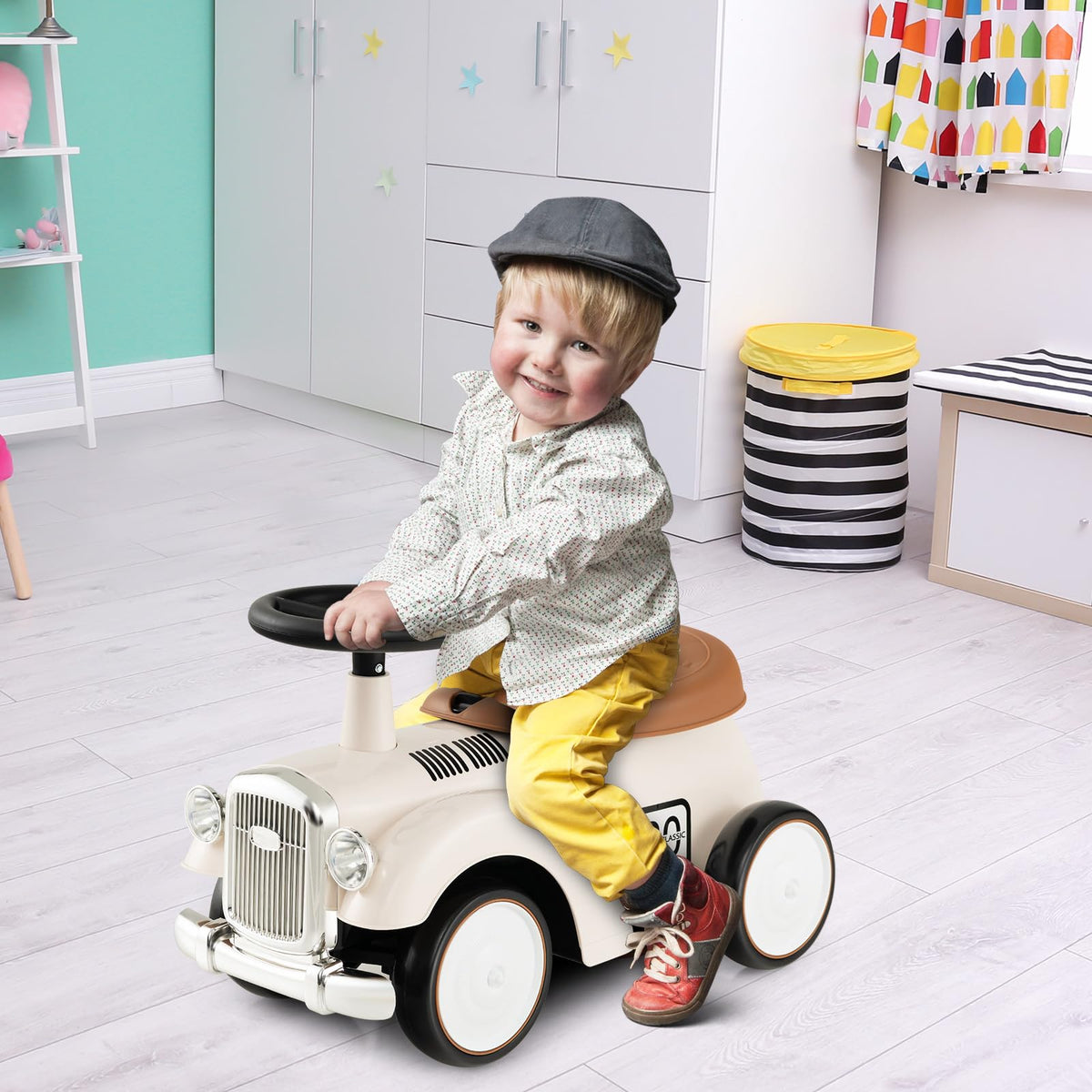 Retro Kids Ride-on Toy, Kids Vehicle Toy w/Working Steering Wheel, Under Seat Storage & Large EVA Wheels