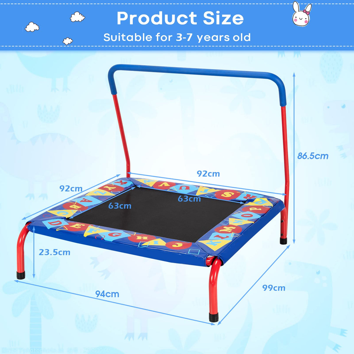 36” Square Toddler Trampoline, 150kg Load Mini Kids Trampoline W/Foam Covered Handle & Safety Padded Cover