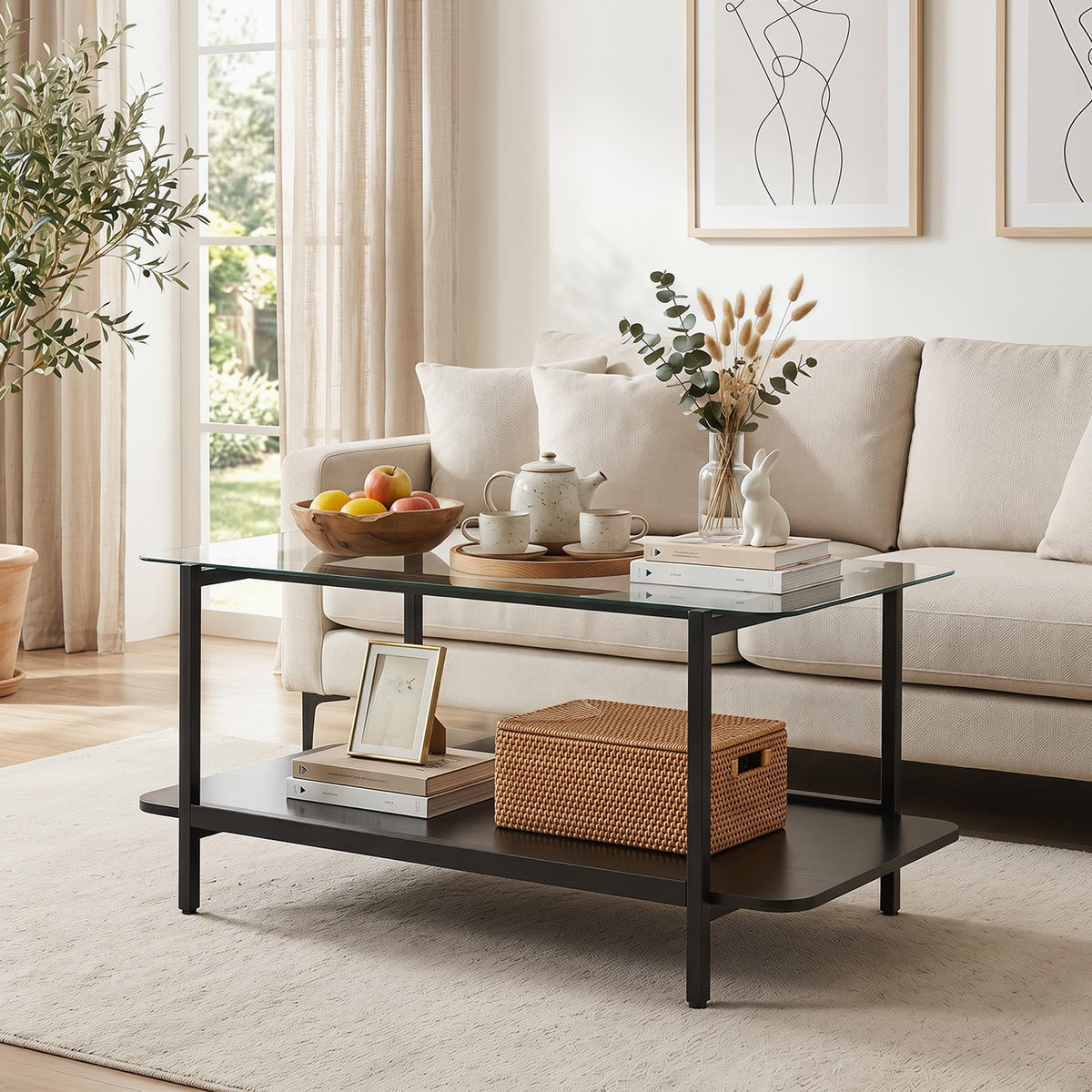 2-Tier Tempered Glass Coffee Table 95cm with Storage Shelf for Living Room