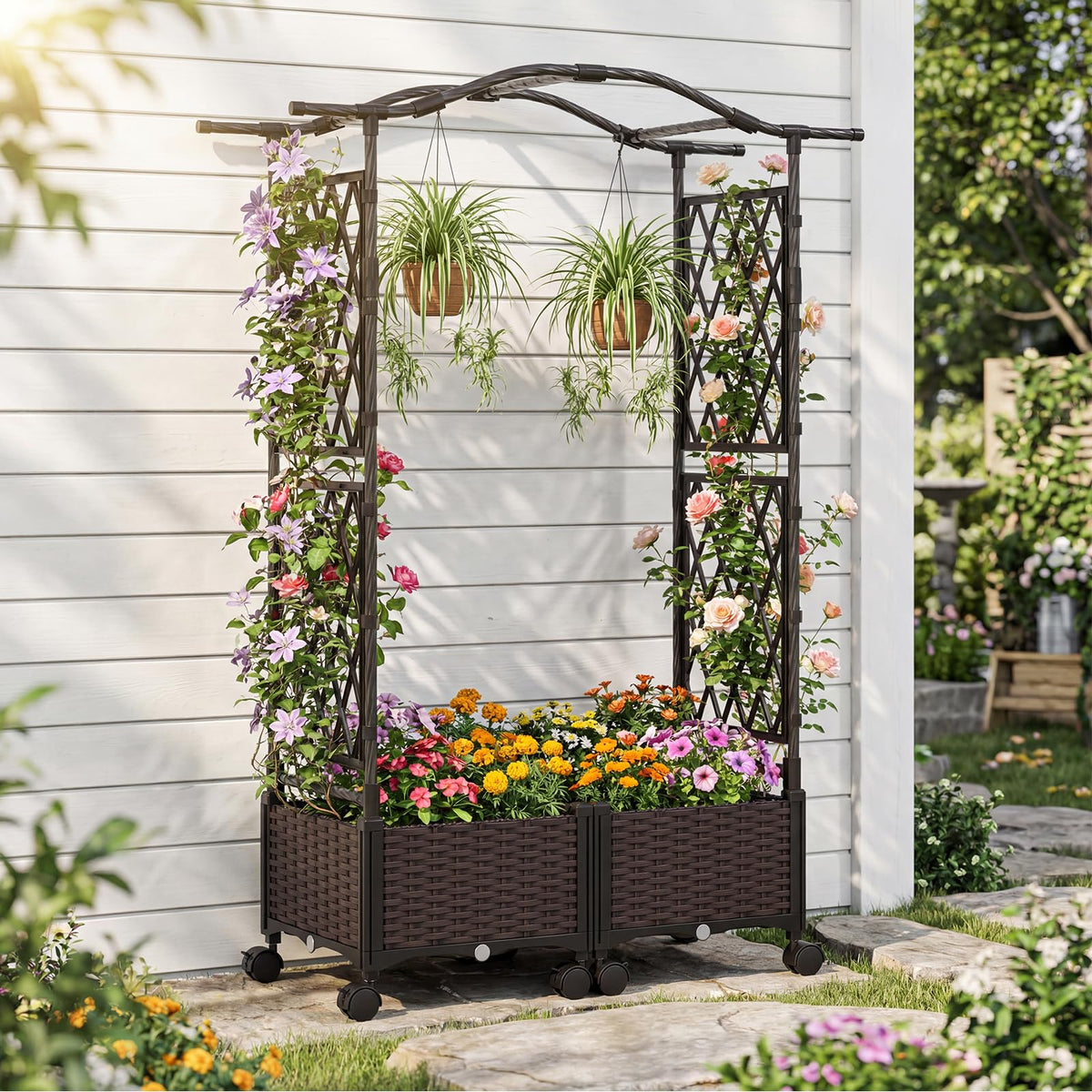 Self-Watering Planter Boxes w/Lattice Trellis & Roof