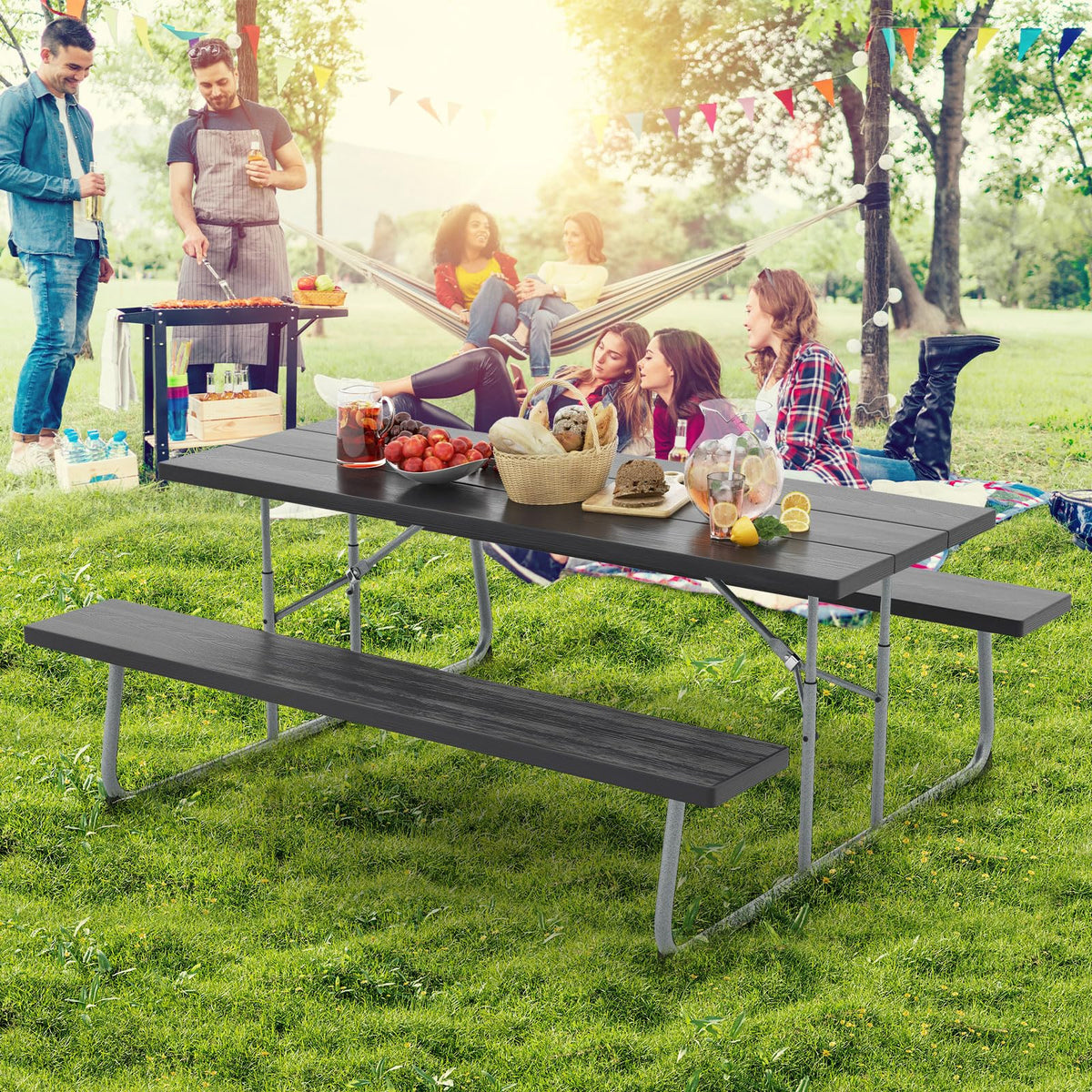 Folding Picnic Table with 2 Benches with Metal Frame and All-Weather HDPE Tabletop