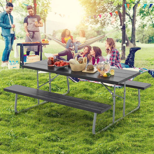 Folding Picnic Table with 2 Benches with Metal Frame and All-Weather HDPE Tabletop