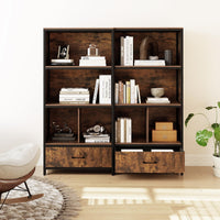 Industrial Freestanding Bookcase with 4 Storage Compartments and Large Fabric Drawer for Study