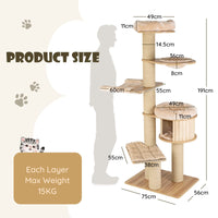 191cm Multi-Level Cat Tree Tower for Indoor Cats, Large Cat Tree Stand w/Wood Cat Condo