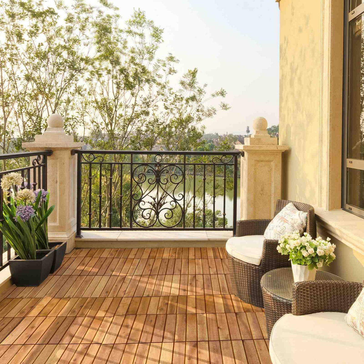 27 Pieces Acacia Wood Interlocking Patio Deck Tile Indoor Outdoor