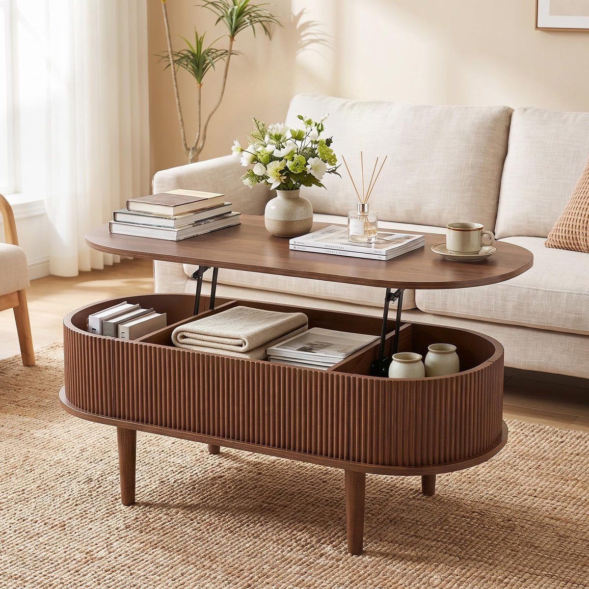 Oval Lift Top Fluted Design Coffee Table with Storage and Raised Wood Feet
