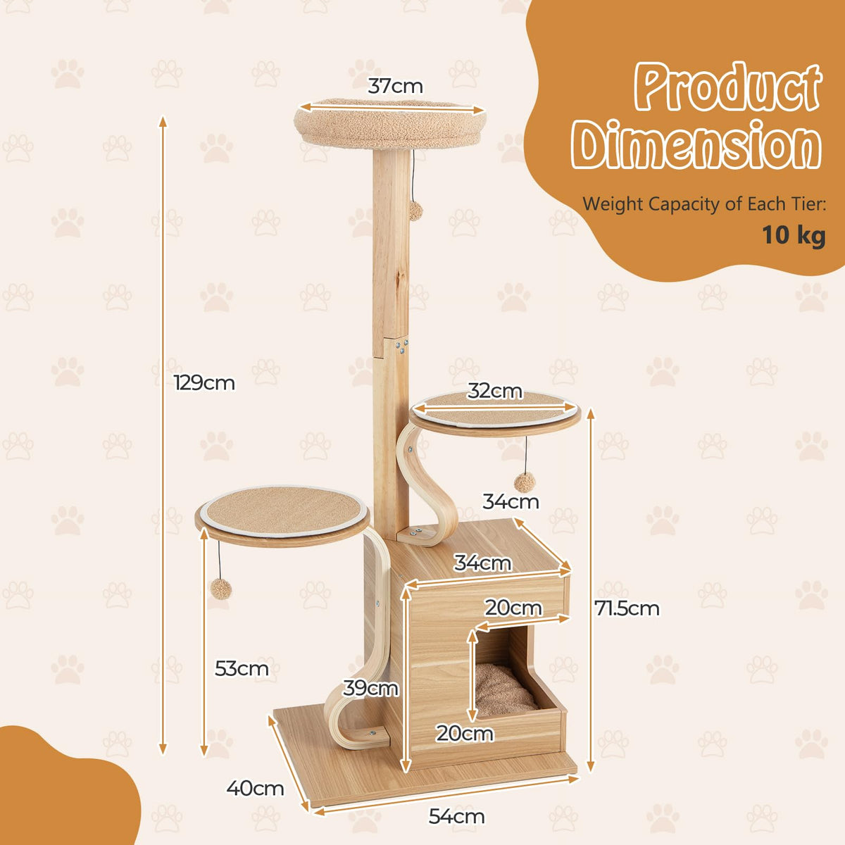 Wooden Cat Tree, 1.3 M Tall Cat Tower w/Cat Condo, Plush Top Perch