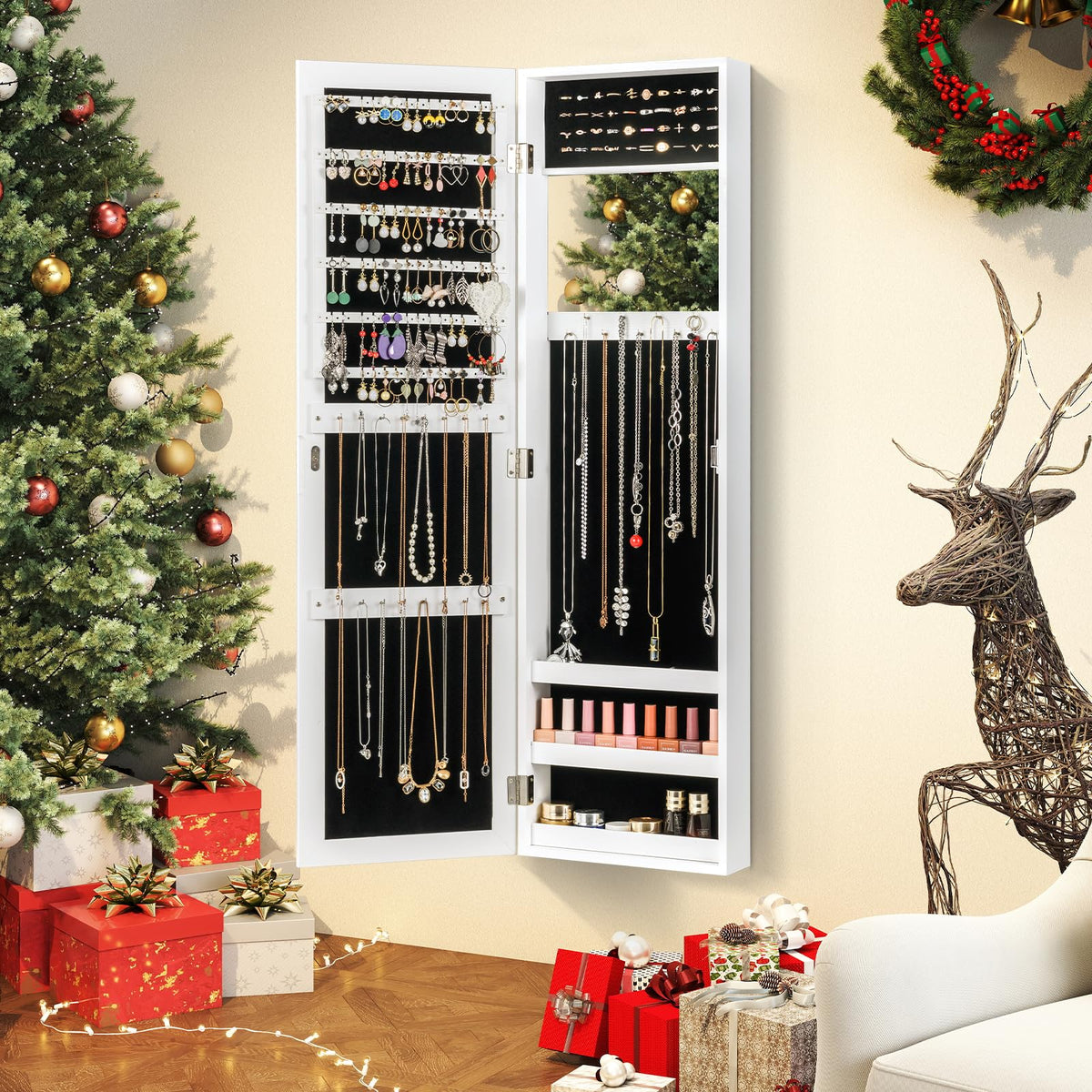 Wall/Door Mounted Jewelry Armoire with Storage Shelves and 2 Hanging Hook
