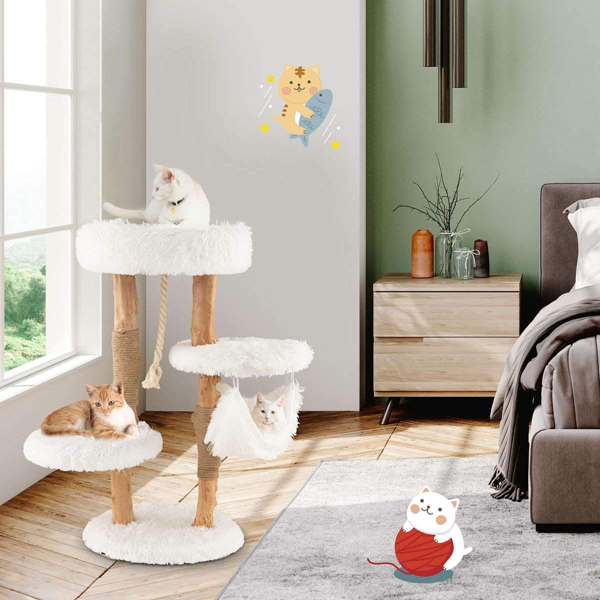 87 CM Tall Wooden Cat Tree, Solid Wood Cat Tower with Jute Scratching Posts