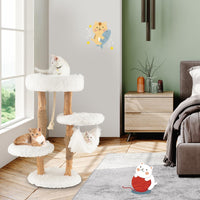 87 CM Tall Wooden Cat Tree, Solid Wood Cat Tower with Jute Scratching Posts