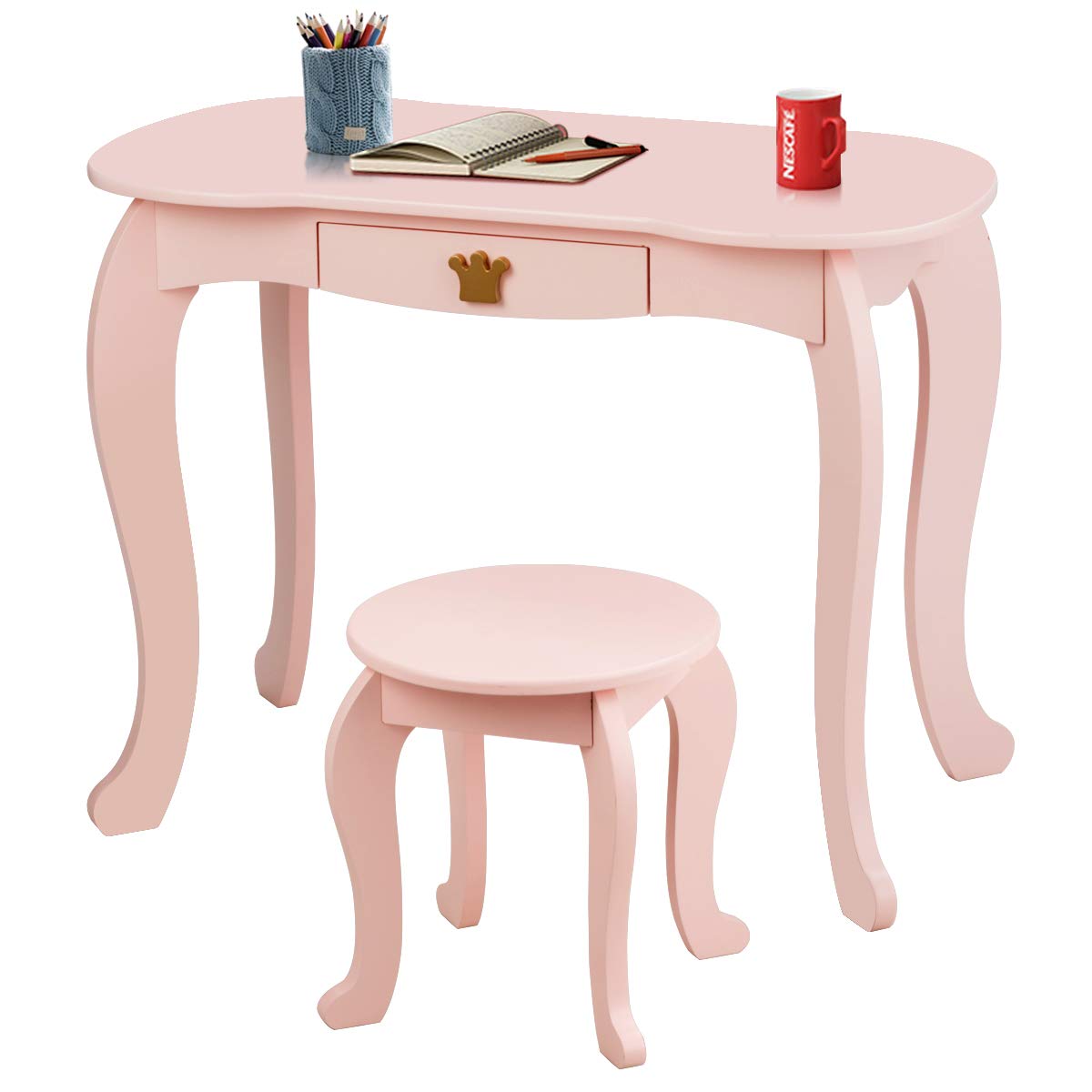 Kids Vanity Dressing Table Stool Set, Children Makeup Table Set, 2 In 1 Kids Dresser for Kids Room