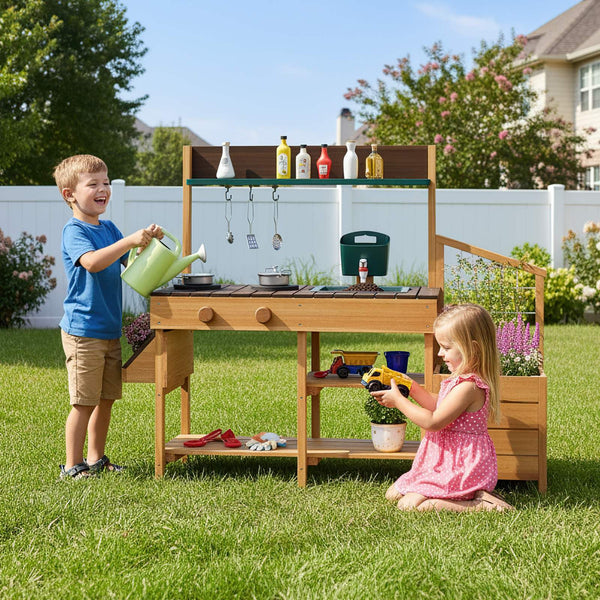 Outdoor Play Kitchen for Kids Wooden Toy Kitchen Playset with Removable Faucet
