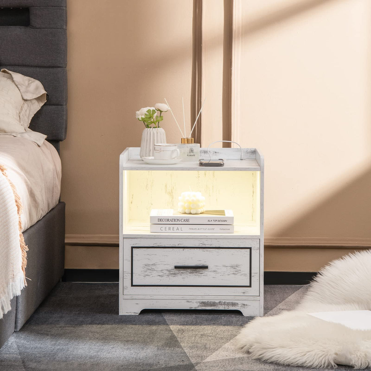 Giantex LED Nightstand, Smart Bedside Table with 2 USB Ports, Open Shelf & Drawer