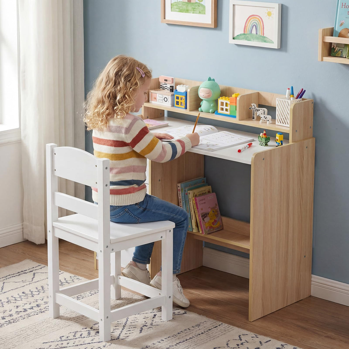 Kids Study Desk and Chair Set, Wooden Children Writing Desk