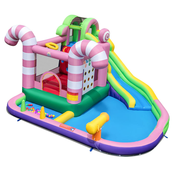 Inflatable Water Slide, Wet Dry Inflatable Water Park Jumping Castle w/Long Slide, Splash Pool