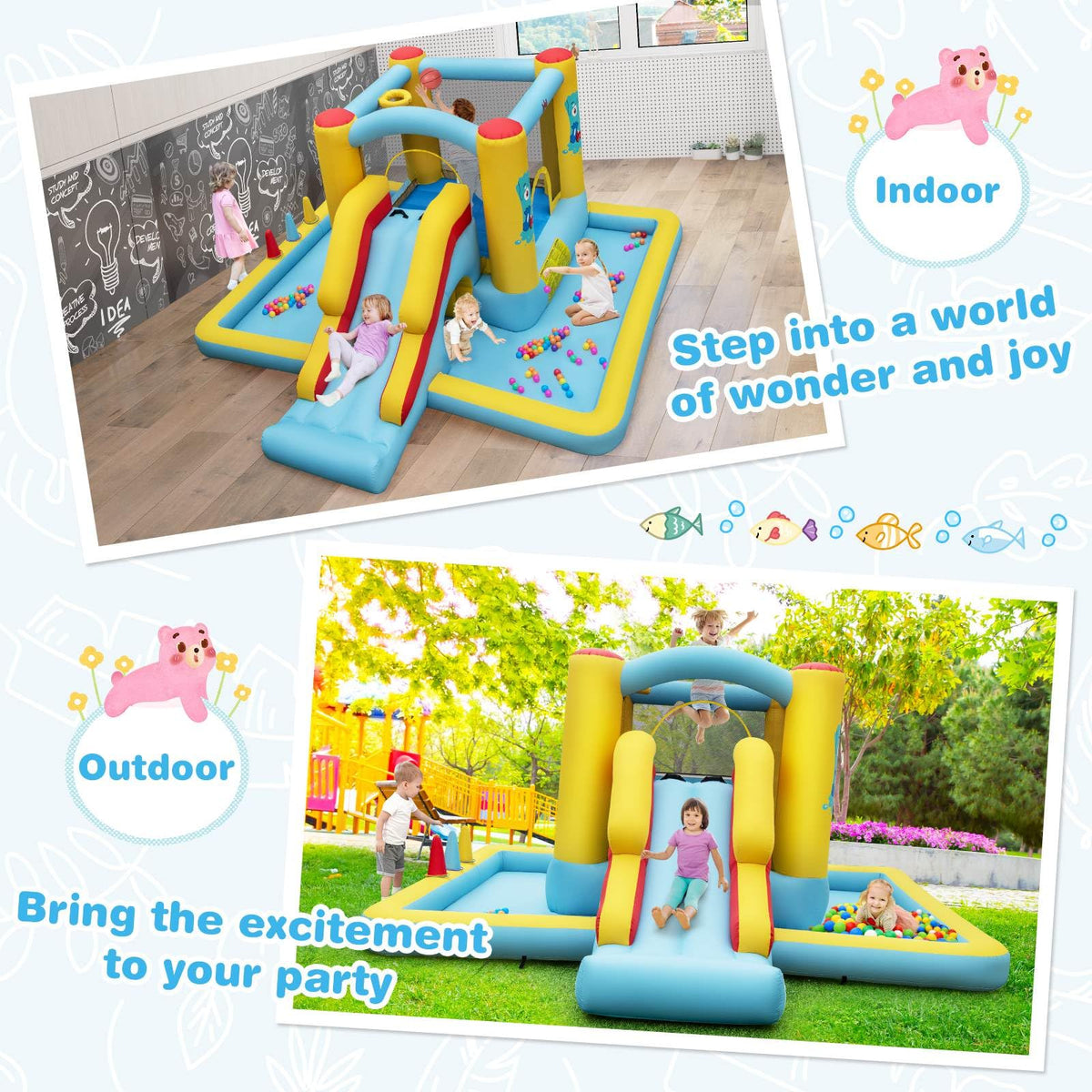 Inflatable Bounce House, 7-in-1 Giant Bouncy Castle with Slide, Tunnel, Basketball Hoop & Ring-toss Game (without Blower)