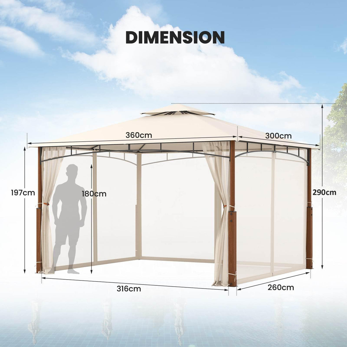 3.6M x 3M Outdoor Patio Gazebo with Netting and 2-Tier Canopy Roof