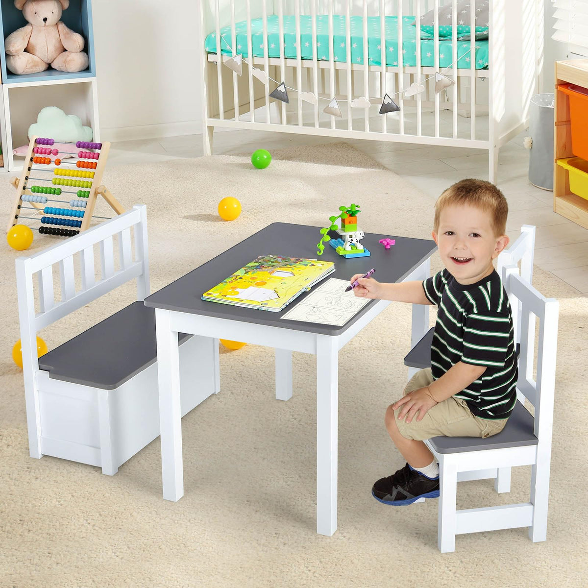 4-Piece Kids Table and Chair Set, Wood Activity Table with Toy Storage Bench