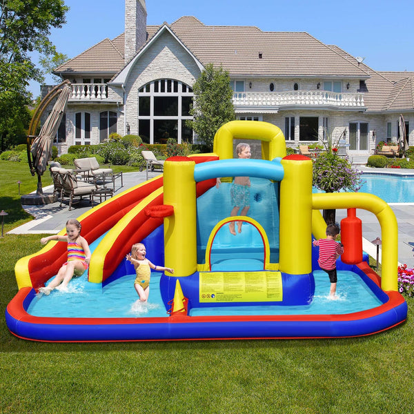 7-in-1 Inflatable Bounce Castle with Curved Water Slide (without Blower)
