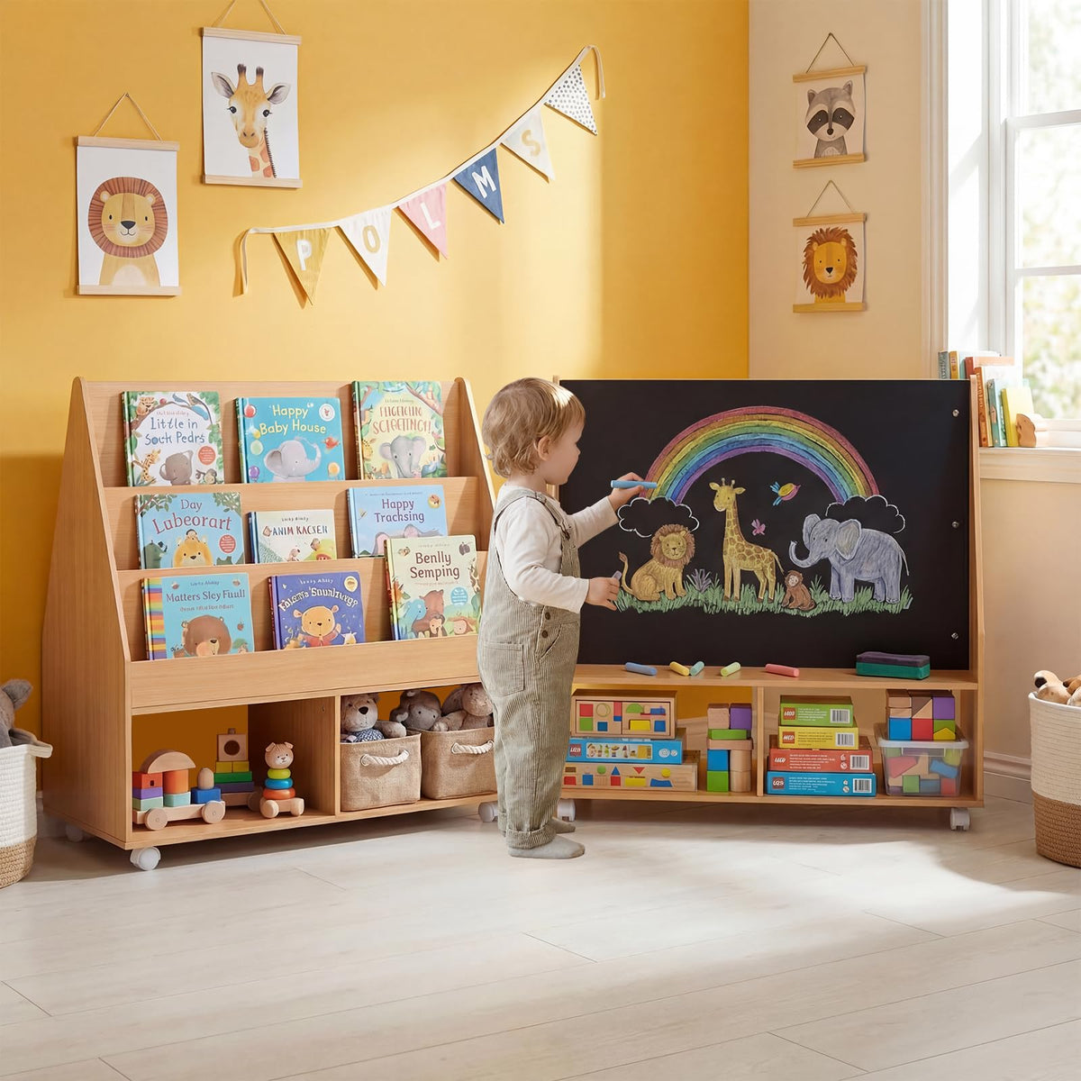 Double-Sided Kids Bookshelf on Wheels with Chalkboard and Open Cubes