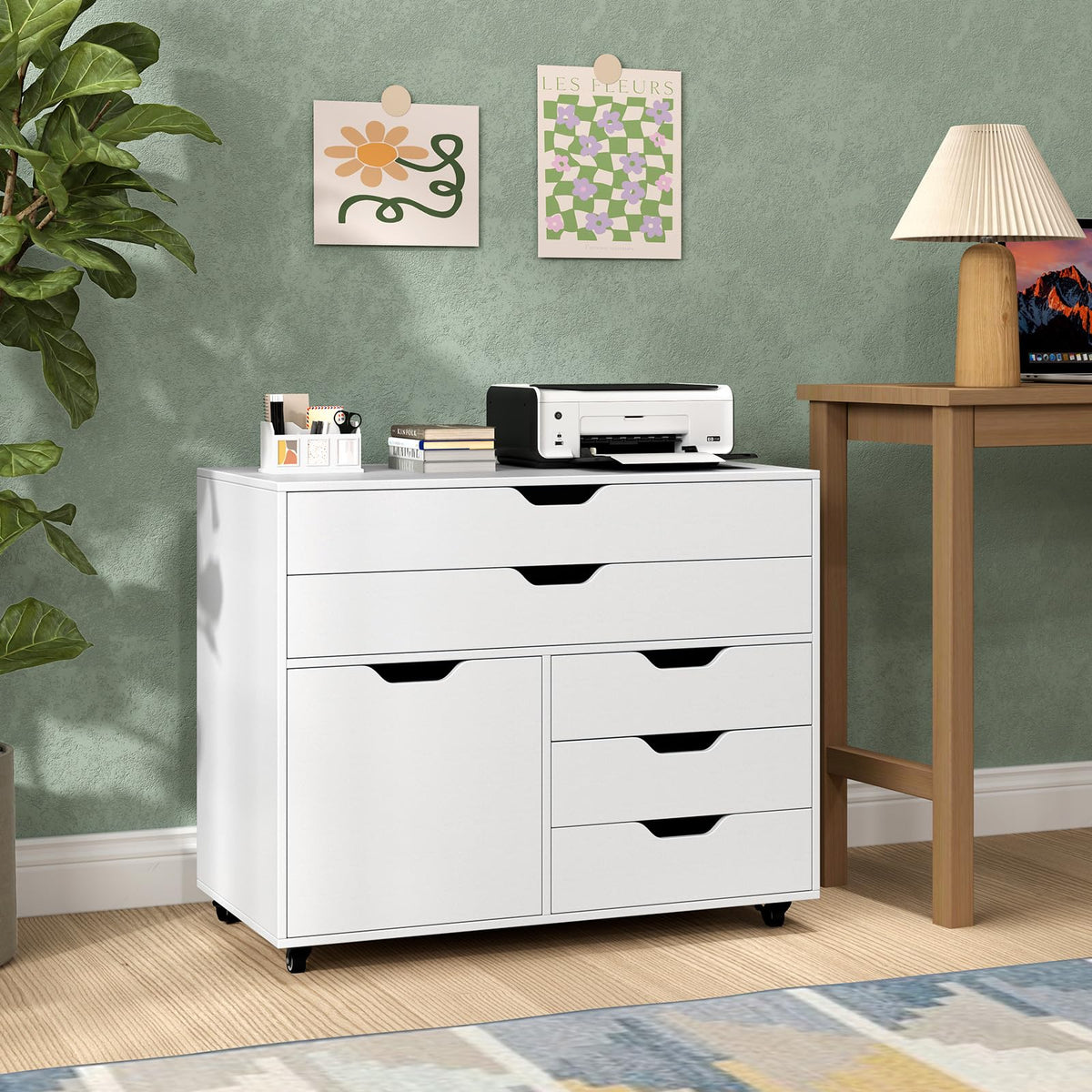 Giantex 5-Drawer Chest with Door, Mobile Chest of Drawers with 5 Casters