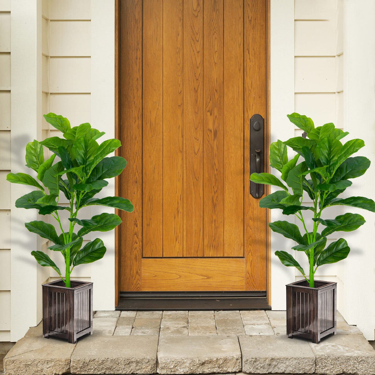 Giantex 90CM Artificial Fiddle Leaf Fig Tree, 2-Pack Faux Tree with 32 Leaves, Built-in Cement, Moss, Fake Greenery Plant