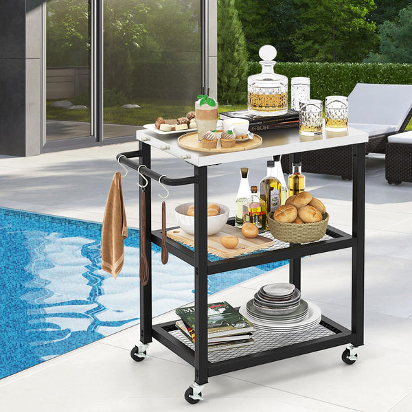 3-Tier Outdoor Grill Cart on Wheels, Pizza Oven Stand Trolley w/Stainless Steel Top & Handle