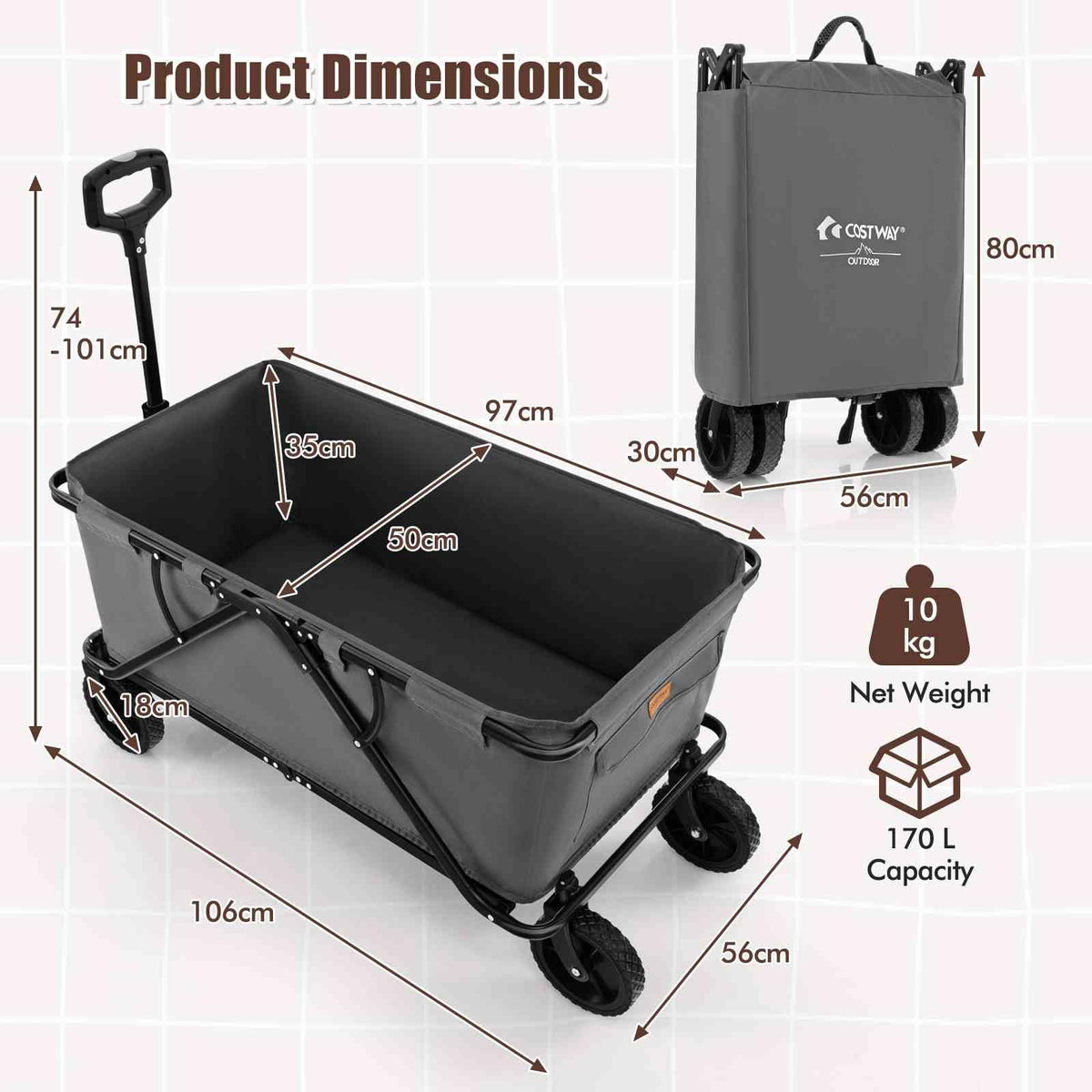 Heavy-Duty Wagon Cart with Adjustable Handlebar and Storage Pocket