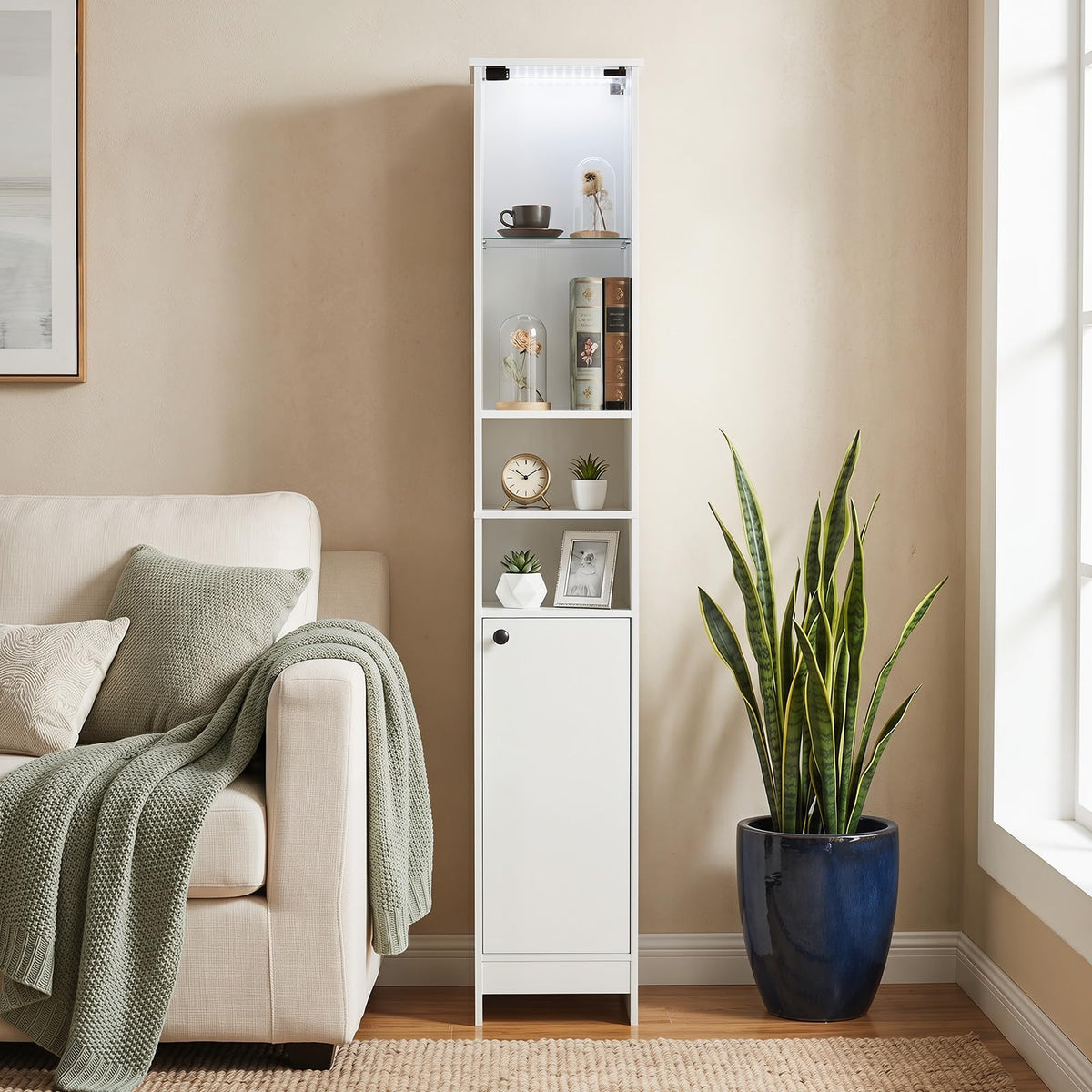 Tall Bathroom Cabinet with Lights & Press-to-Open Door
