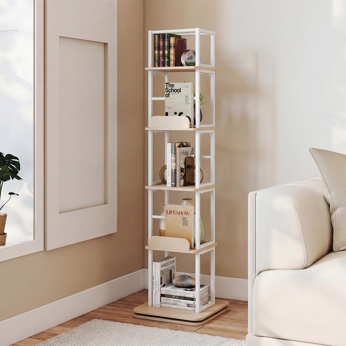 5-Tier Rotating Bookshelf Tower with 360° Spinning Design
