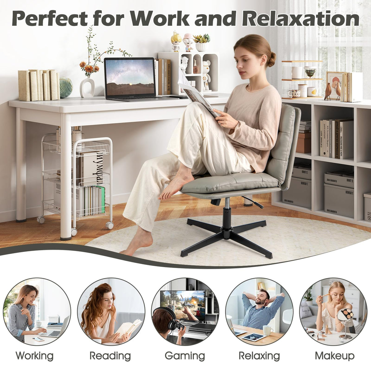 Criss Cross Legged Chair No Wheels Armless Home Office Desk Chair