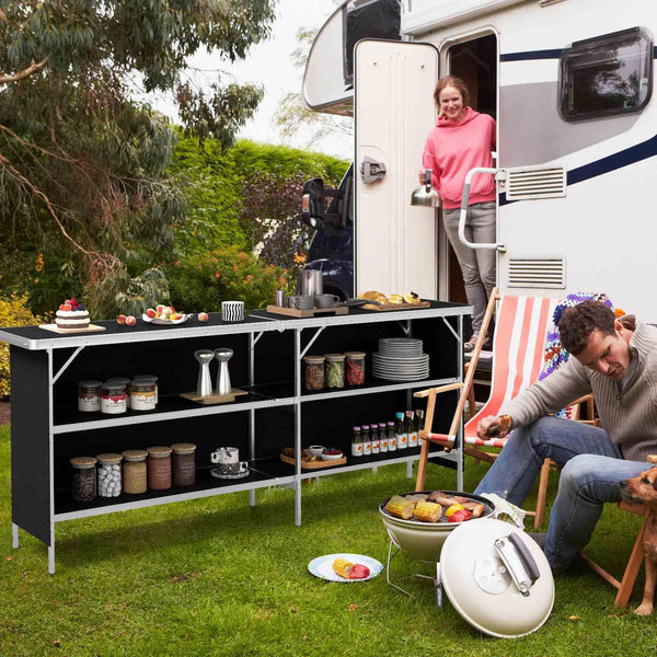 Giantex  Folding Camping Table, Aluminum Portable Picnic Table w/ 2-Tier Open Shelves & Spacious Tabletop
