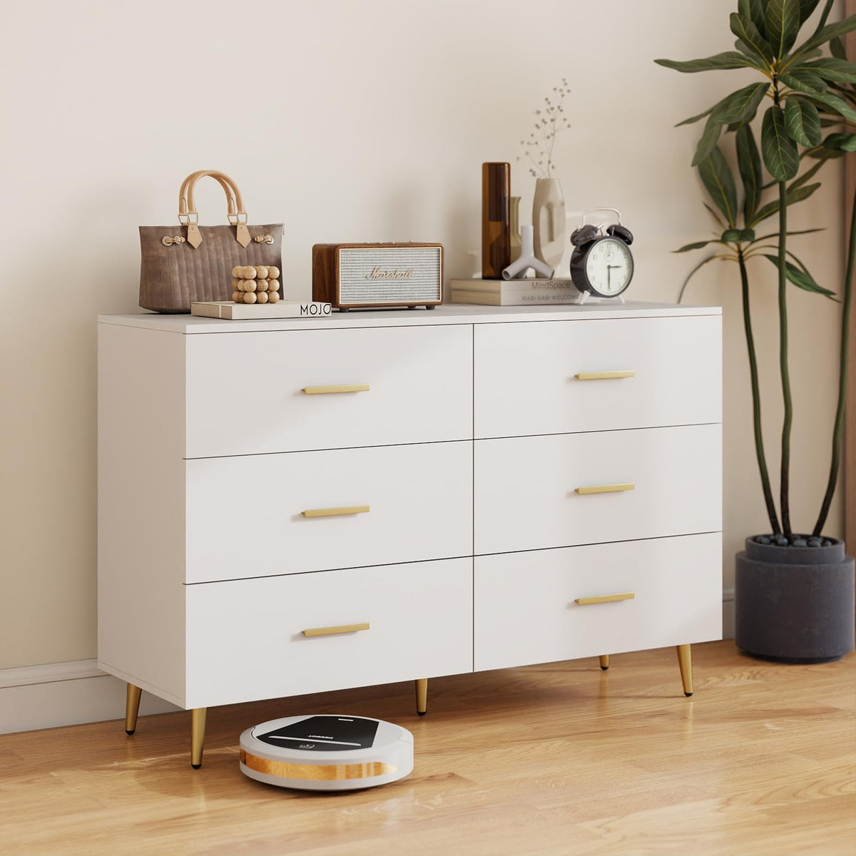 6 Drawer Dresser with Anti-Toppling Device and Modern TV Stand